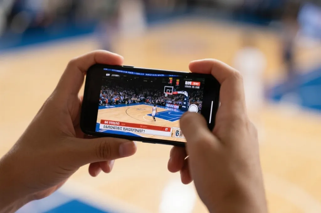 A close-up of hands holding a smartphone displaying a vibrant live basketball game broadcast with soft background blur