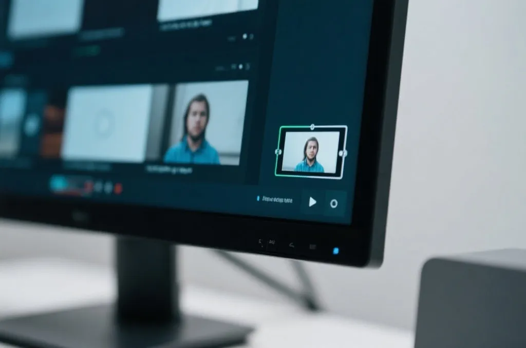 A close-up of a modern computer monitor displaying a generic video layout with an active floating picture-in-picture window on the corner